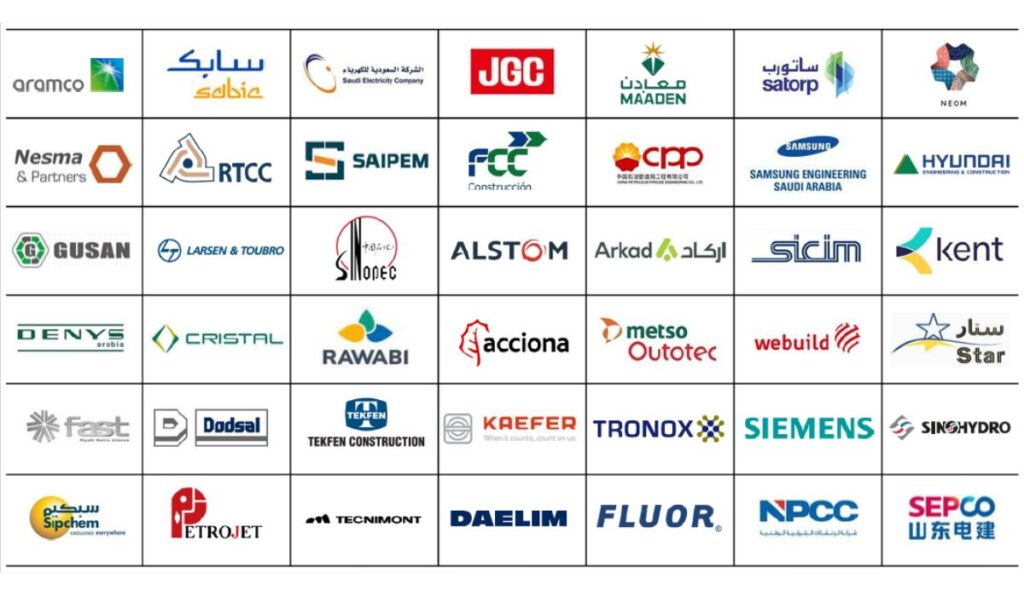 Client logos of leading organizations in Saudi Arabia including Aramco, SABIC, Saudi Electricity Company, Maaden, NEOM, Siemens, Samsung Engineering, Saipem, Fluor, and other industrial partners.