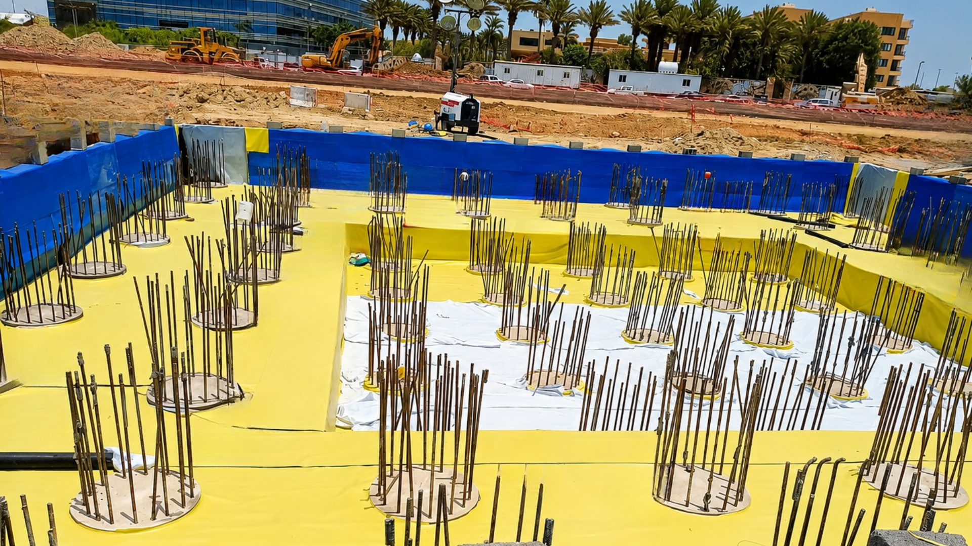 Professional foundation waterproofing system installation at a commercial construction project in Jeddah by Safwa General Contracting.