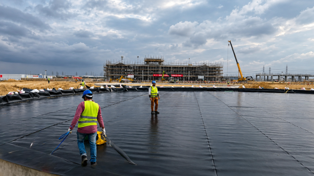 Workers installing a waterproofing membrane on an industrial concrete foundation during a large-scale construction project in Saudi Arabia.