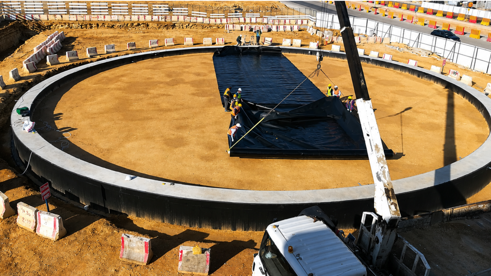 Professional waterproofing membrane installation for a large commercial water reservoir by Safwa Contracting in Jeddah, Saudi Arabia.