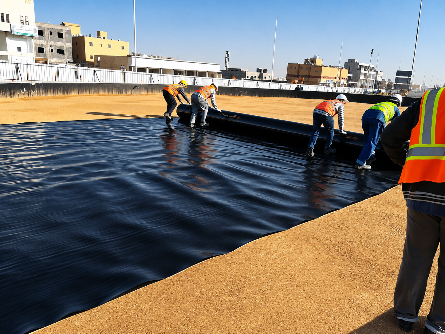 Professional waterproofing membrane installation by Al Safwa Contracting on a commercial construction project in Jeddah, Saudi Arabia.